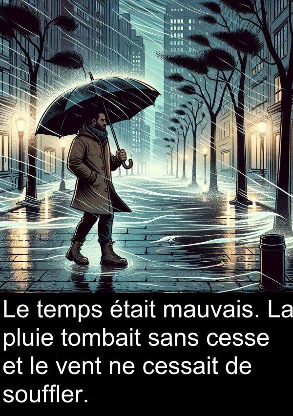 vent: Le temps était mauvais. La pluie tombait sans cesse et le vent ne cessait de souffler.