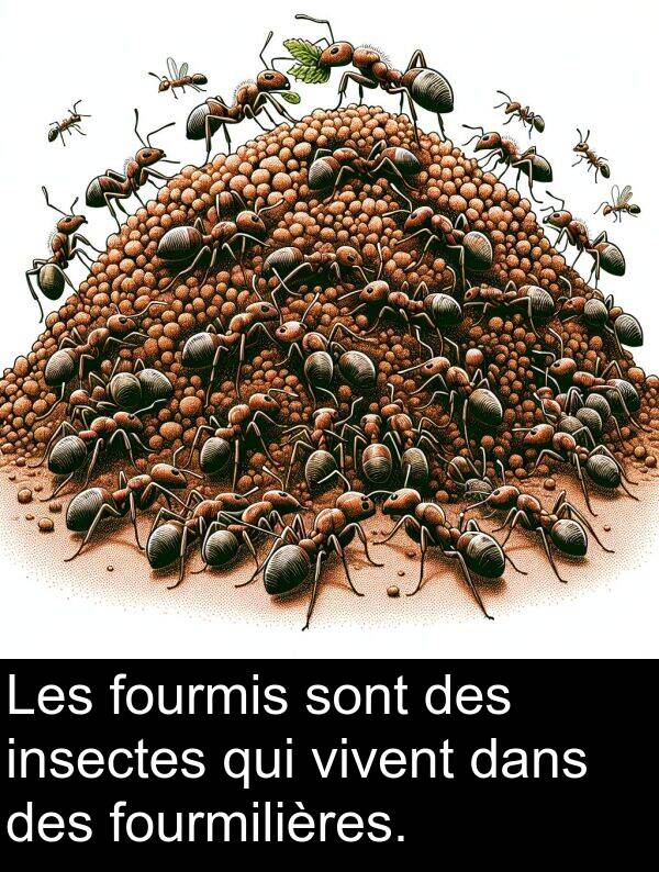 vivent: Les fourmis sont des insectes qui vivent dans des fourmilières.