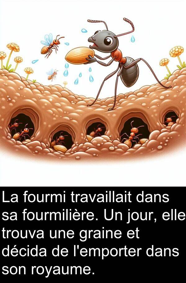décida: La fourmi travaillait dans sa fourmilière. Un jour, elle trouva une graine et décida de l'emporter dans son royaume.