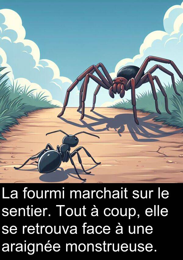 fourmi: La fourmi marchait sur le sentier. Tout à coup, elle se retrouva face à une araignée monstrueuse.