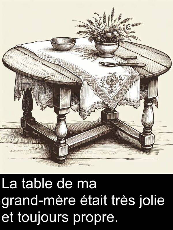 jolie: La table de ma grand-mère était très jolie et toujours propre.