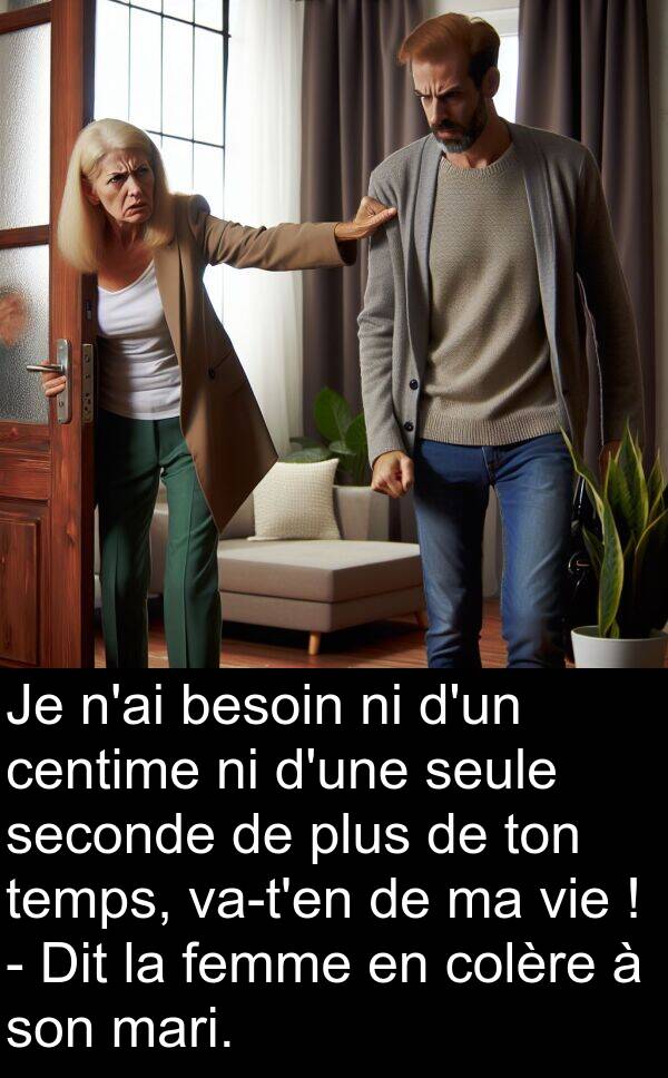 seconde: Je n'ai besoin ni d'un centime ni d'une seule seconde de plus de ton temps, va-t'en de ma vie ! - Dit la femme en colère à son mari.