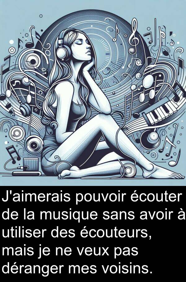 écouter: J'aimerais pouvoir écouter de la musique sans avoir à utiliser des écouteurs, mais je ne veux pas déranger mes voisins.