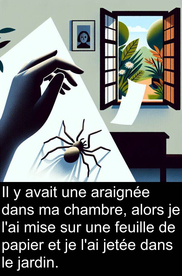 jetée: Il y avait une araignée dans ma chambre, alors je l'ai mise sur une feuille de papier et je l'ai jetée dans le jardin.