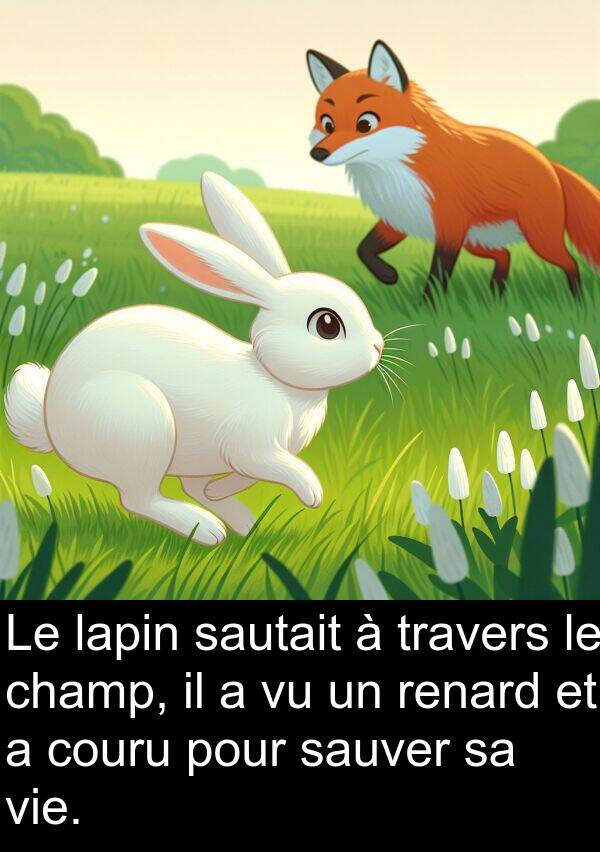 sauver: Le lapin sautait à travers le champ, il a vu un renard et a couru pour sauver sa vie.