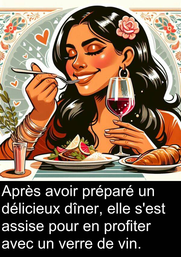 verre: Après avoir préparé un délicieux dîner, elle s'est assise pour en profiter avec un verre de vin.