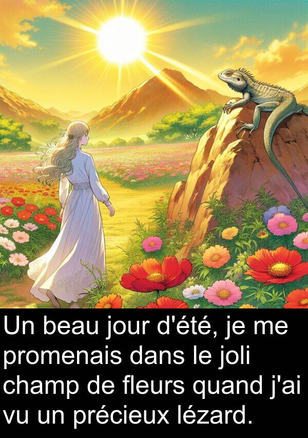 champ: Un beau jour d'été, je me promenais dans le joli champ de fleurs quand j'ai vu un précieux lézard.