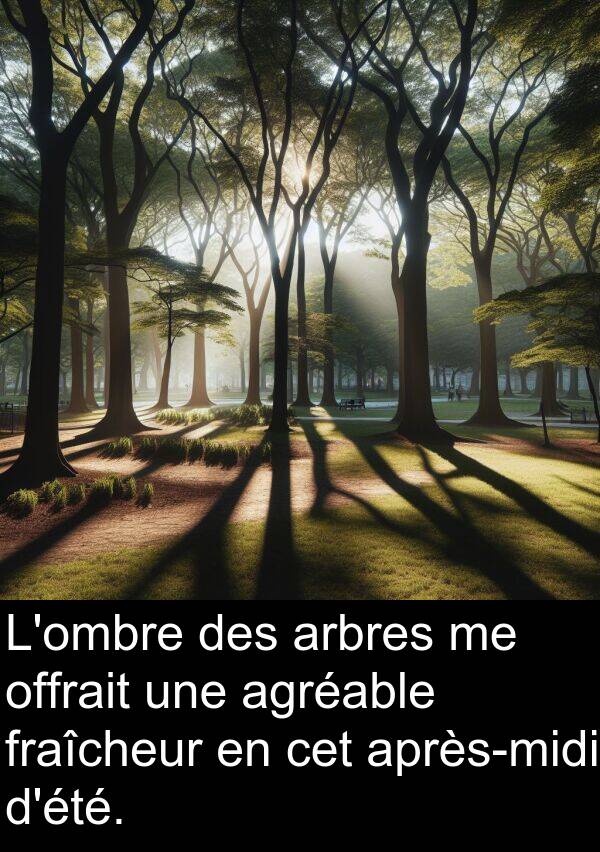 agréable: L'ombre des arbres me offrait une agréable fraîcheur en cet après-midi d'été.