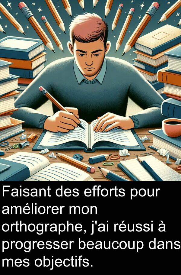 efforts: Faisant des efforts pour améliorer mon orthographe, j'ai réussi à progresser beaucoup dans mes objectifs.