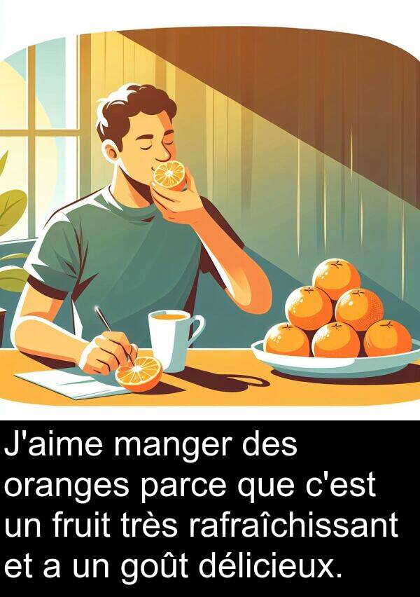 manger: J'aime manger des oranges parce que c'est un fruit très rafraîchissant et a un goût délicieux.