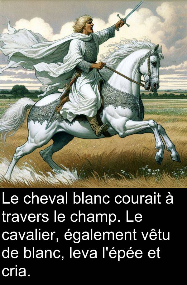 également: Le cheval blanc courait à travers le champ. Le cavalier, également vêtu de blanc, leva l'épée et cria.