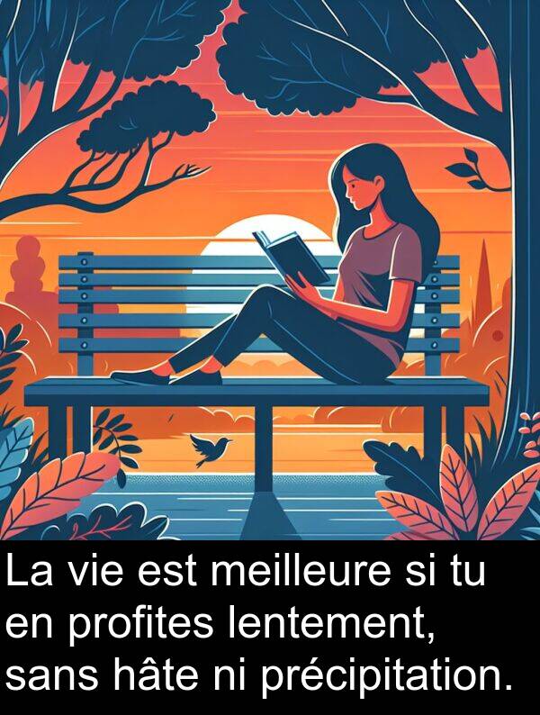 lentement: La vie est meilleure si tu en profites lentement, sans hâte ni précipitation.