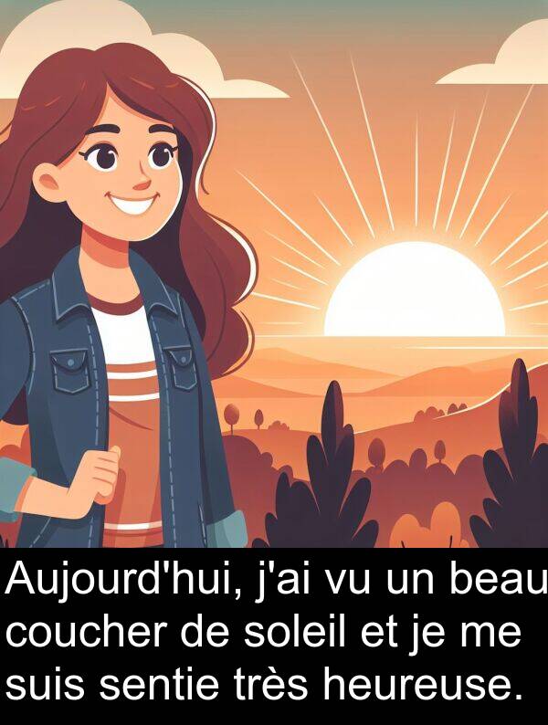 heureuse: Aujourd'hui, j'ai vu un beau coucher de soleil et je me suis sentie très heureuse.