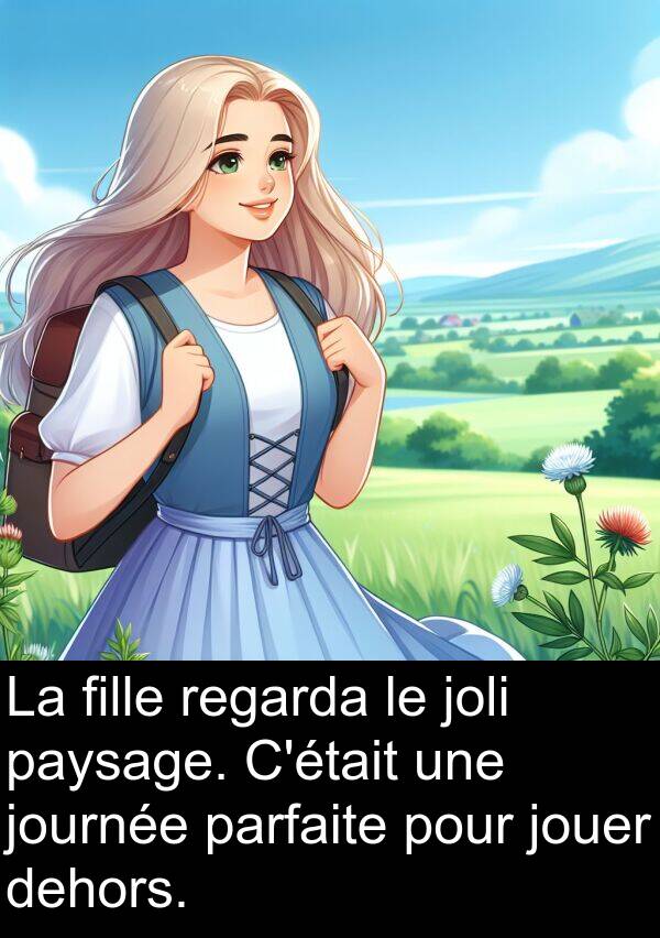 journée: La fille regarda le joli paysage. C'était une journée parfaite pour jouer dehors.