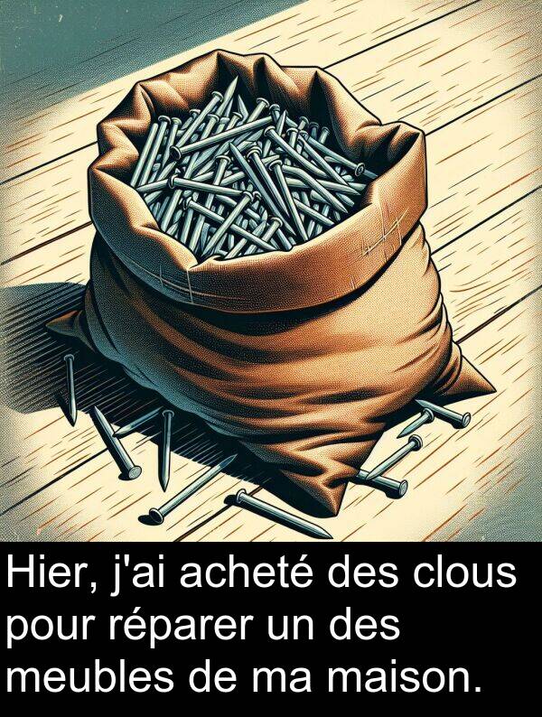 maison: Hier, j'ai acheté des clous pour réparer un des meubles de ma maison.