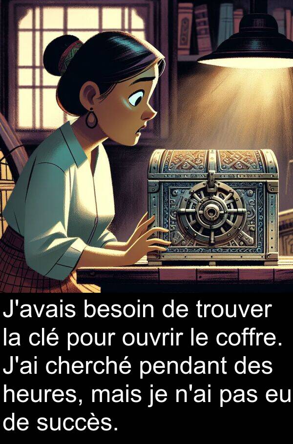 trouver: J'avais besoin de trouver la clé pour ouvrir le coffre. J'ai cherché pendant des heures, mais je n'ai pas eu de succès.