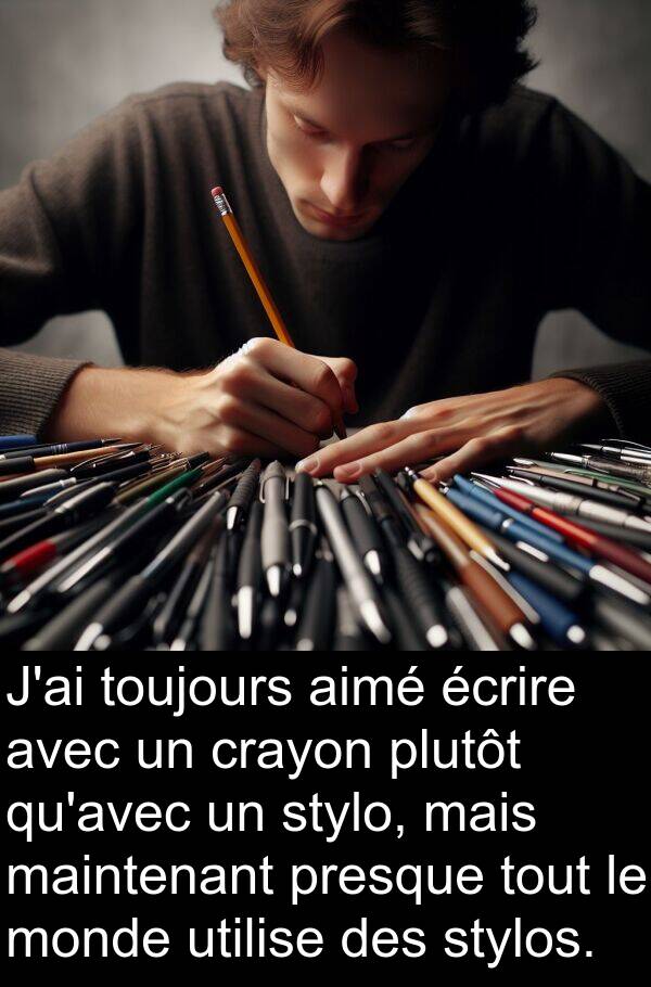 écrire: J'ai toujours aimé écrire avec un crayon plutôt qu'avec un stylo, mais maintenant presque tout le monde utilise des stylos.