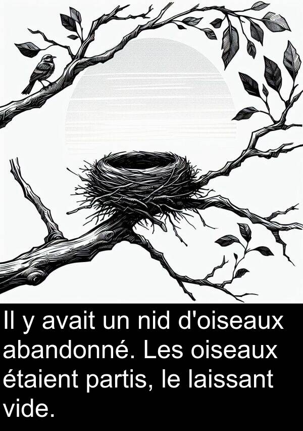 laissant: Il y avait un nid d'oiseaux abandonné. Les oiseaux étaient partis, le laissant vide.