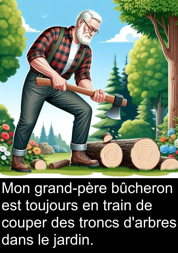 couper: Mon grand-père bûcheron est toujours en train de couper des troncs d'arbres dans le jardin.