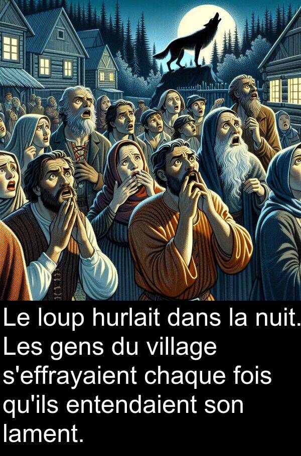lament: Le loup hurlait dans la nuit. Les gens du village s'effrayaient chaque fois qu'ils entendaient son lament.