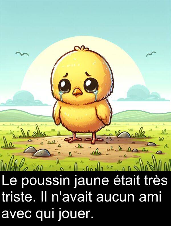 jaune: Le poussin jaune était très triste. Il n'avait aucun ami avec qui jouer.