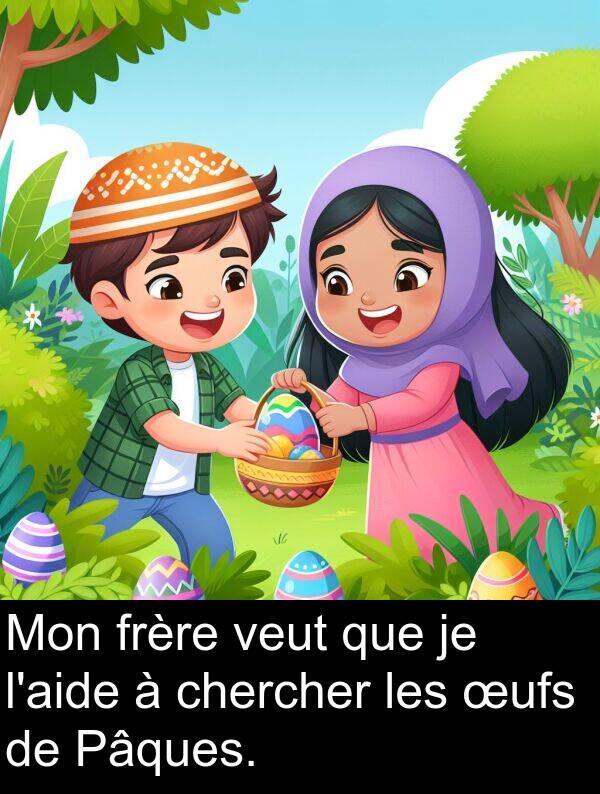 veut: Mon frère veut que je l'aide à chercher les œufs de Pâques.