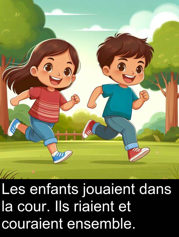 jouaient: Les enfants jouaient dans la cour. Ils riaient et couraient ensemble.
