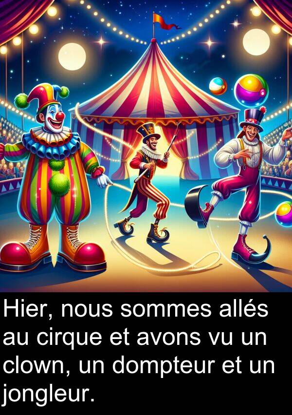 jongleur: Hier, nous sommes allés au cirque et avons vu un clown, un dompteur et un jongleur.