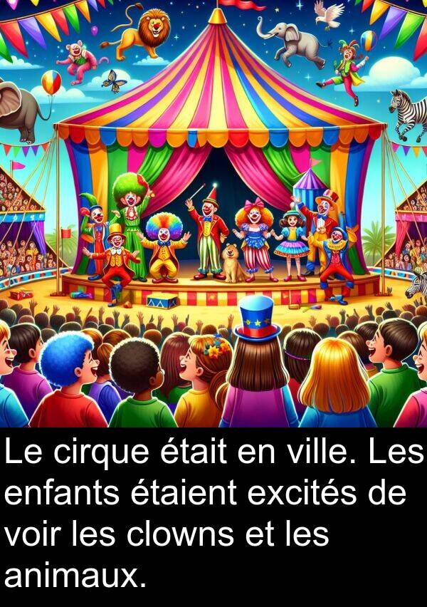 clowns: Le cirque était en ville. Les enfants étaient excités de voir les clowns et les animaux.