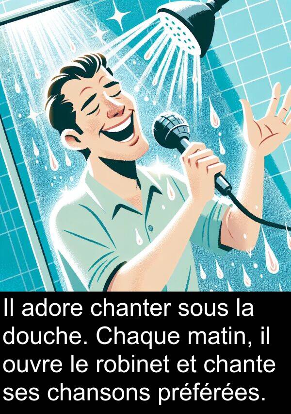 sous: Il adore chanter sous la douche. Chaque matin, il ouvre le robinet et chante ses chansons préférées.