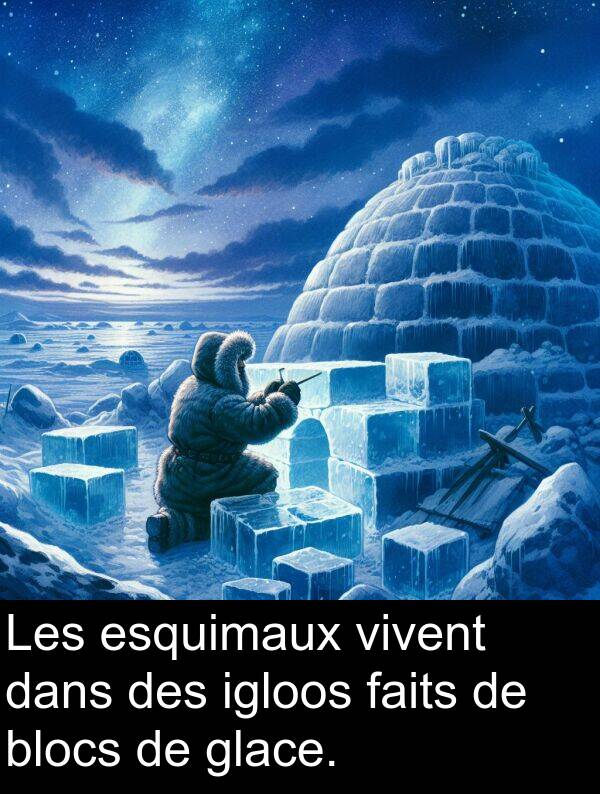 igloos: Les esquimaux vivent dans des igloos faits de blocs de glace.