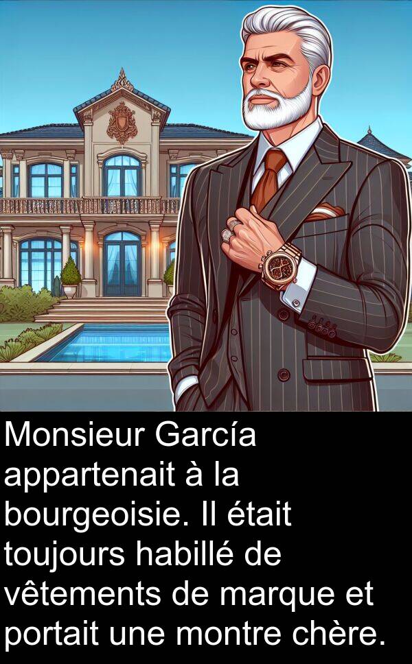 bourgeoisie: Monsieur García appartenait à la bourgeoisie. Il était toujours habillé de vêtements de marque et portait une montre chère.