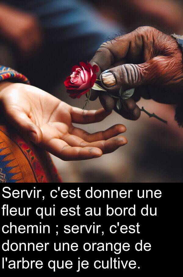 fleur: Servir, c'est donner une fleur qui est au bord du chemin ; servir, c'est donner une orange de l'arbre que je cultive.