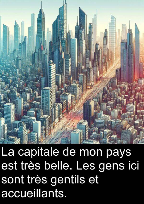 belle: La capitale de mon pays est très belle. Les gens ici sont très gentils et accueillants.