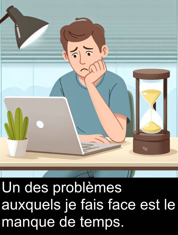 temps: Un des problèmes auxquels je fais face est le manque de temps.
