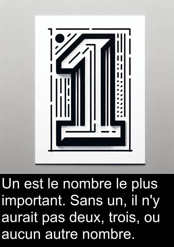 important: Un est le nombre le plus important. Sans un, il n'y aurait pas deux, trois, ou aucun autre nombre.