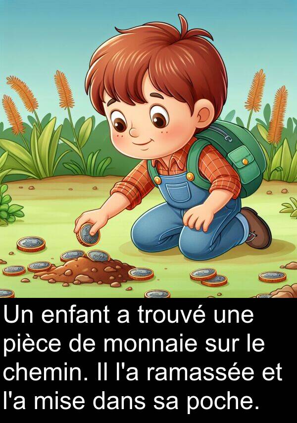 ramassée: Un enfant a trouvé une pièce de monnaie sur le chemin. Il l'a ramassée et l'a mise dans sa poche.