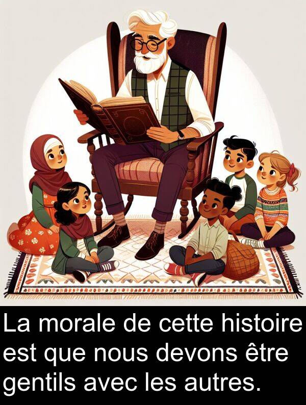 histoire: La morale de cette histoire est que nous devons être gentils avec les autres.