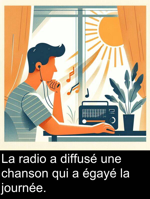 radio: La radio a diffusé une chanson qui a égayé la journée.