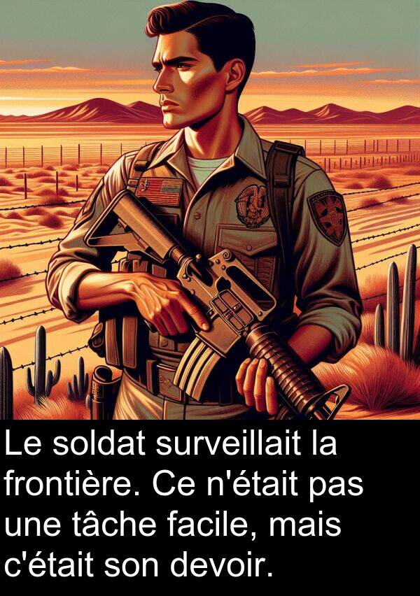soldat: Le soldat surveillait la frontière. Ce n'était pas une tâche facile, mais c'était son devoir.