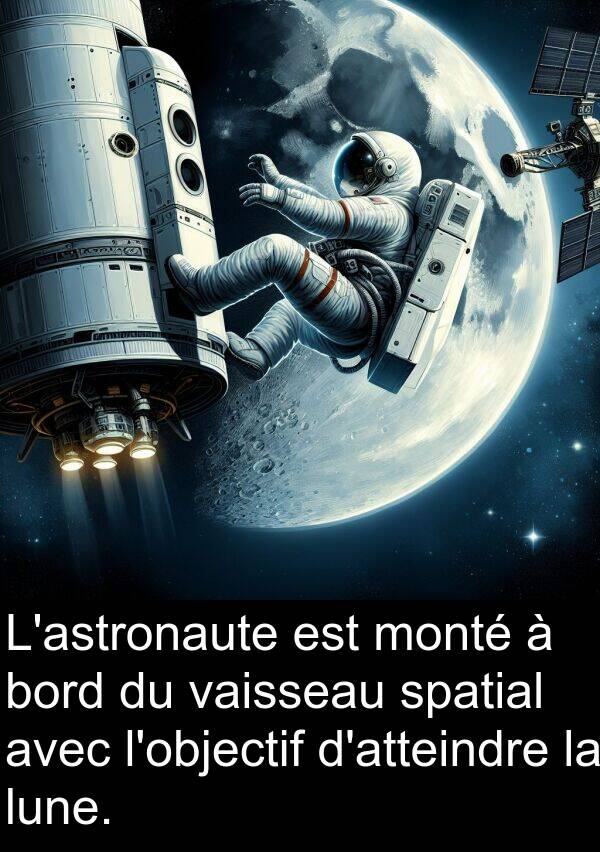 lune: L'astronaute est monté à bord du vaisseau spatial avec l'objectif d'atteindre la lune.