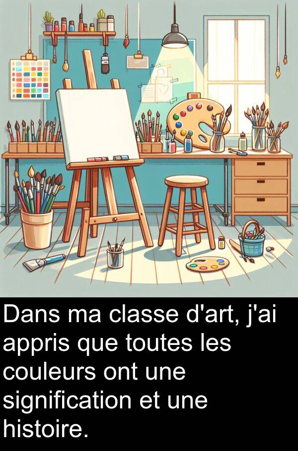 histoire: Dans ma classe d'art, j'ai appris que toutes les couleurs ont une signification et une histoire.