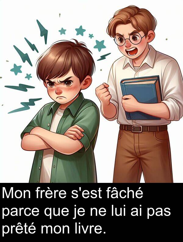 fâché: Mon frère s'est fâché parce que je ne lui ai pas prêté mon livre.