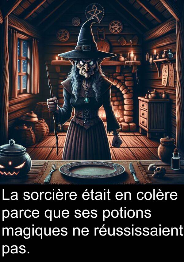 sorcière: La sorcière était en colère parce que ses potions magiques ne réussissaient pas.