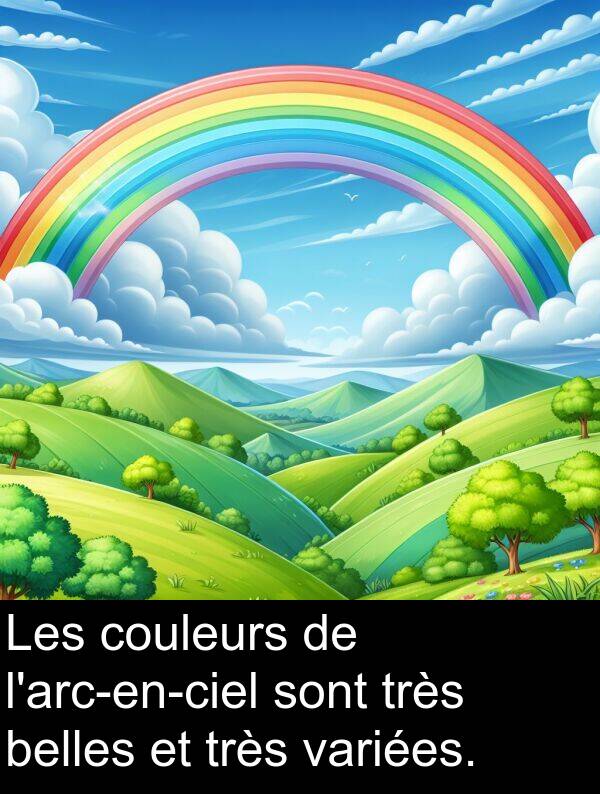 variées: Les couleurs de l'arc-en-ciel sont très belles et très variées.