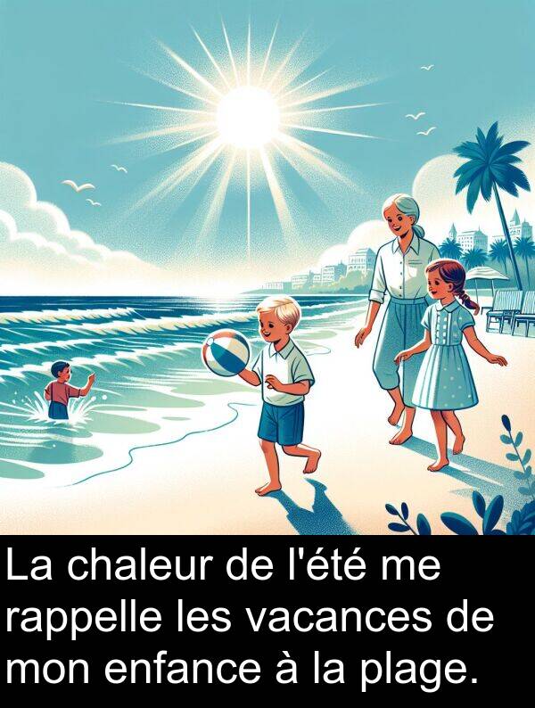 rappelle: La chaleur de l'été me rappelle les vacances de mon enfance à la plage.