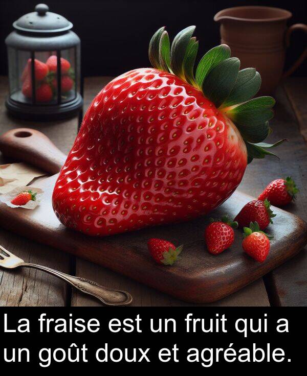 agréable: La fraise est un fruit qui a un goût doux et agréable.