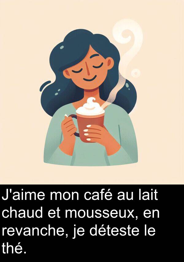 lait: J'aime mon café au lait chaud et mousseux, en revanche, je déteste le thé.