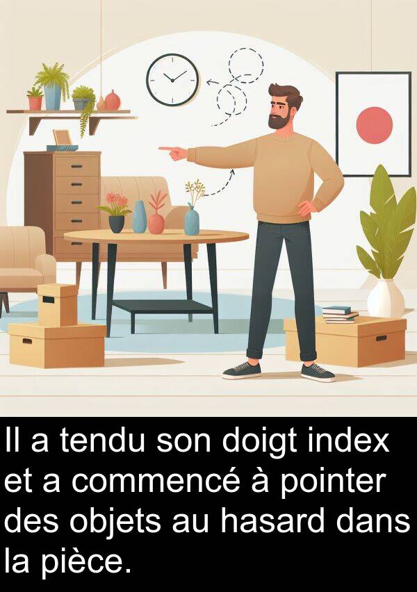 tendu: Il a tendu son doigt index et a commencé à pointer des objets au hasard dans la pièce.