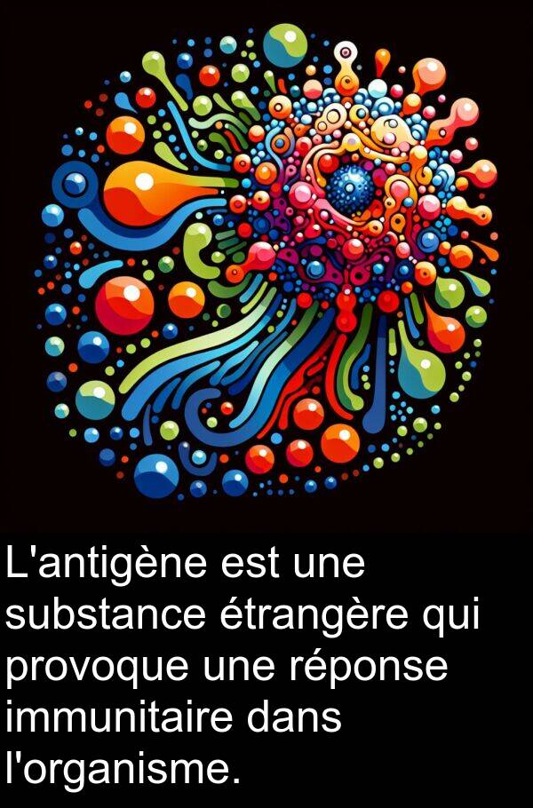 réponse: L'antigène est une substance étrangère qui provoque une réponse immunitaire dans l'organisme.